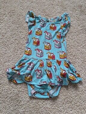 Turquoise Milk Carton Print Ruffle One-Piece Bodysuit